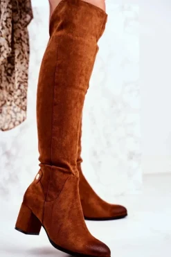 Kozaki Damskie Na Słupku Zamszowe Camel Torgos