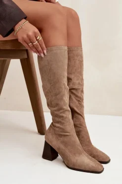 Kozaki Damskie Na Słupku Z Przeszyciami Beżowe Celandine