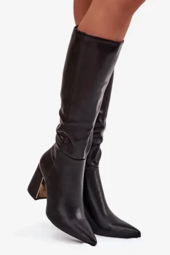 Kozaki Damskie Na Słupku Ze Złotym Elementem Czarne Alessine