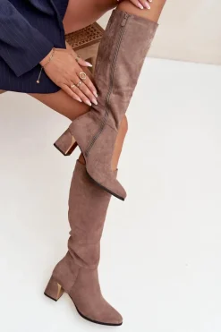 Kozaki Damskie Na Słupku Ze Złotym Elementem Beżowe Nivarae