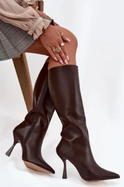 Kozaki Damskie Na Szpilce Przed Kolano Czekoladowe Vionette