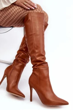 Kozaki Damskie Na Szpilce Brązowe Sirenpha