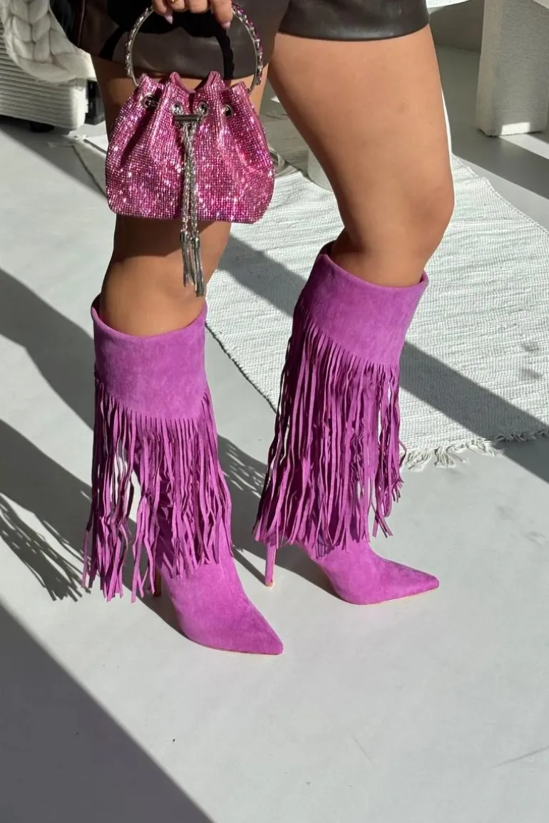Kozaki Damskie Na Szpilce Z Frędzlami Fioletowe Isalune