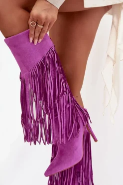 Kozaki Damskie Na Szpilce Z Frędzlami Fioletowe Isalune