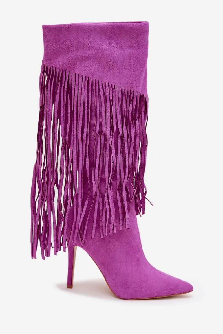 Kozaki Damskie Na Szpilce Z Frędzlami Fioletowe Isalune