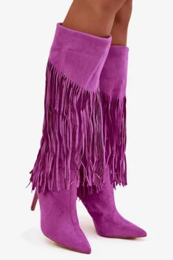 Kozaki Damskie Na Szpilce Z Frędzlami Fioletowe Isalune