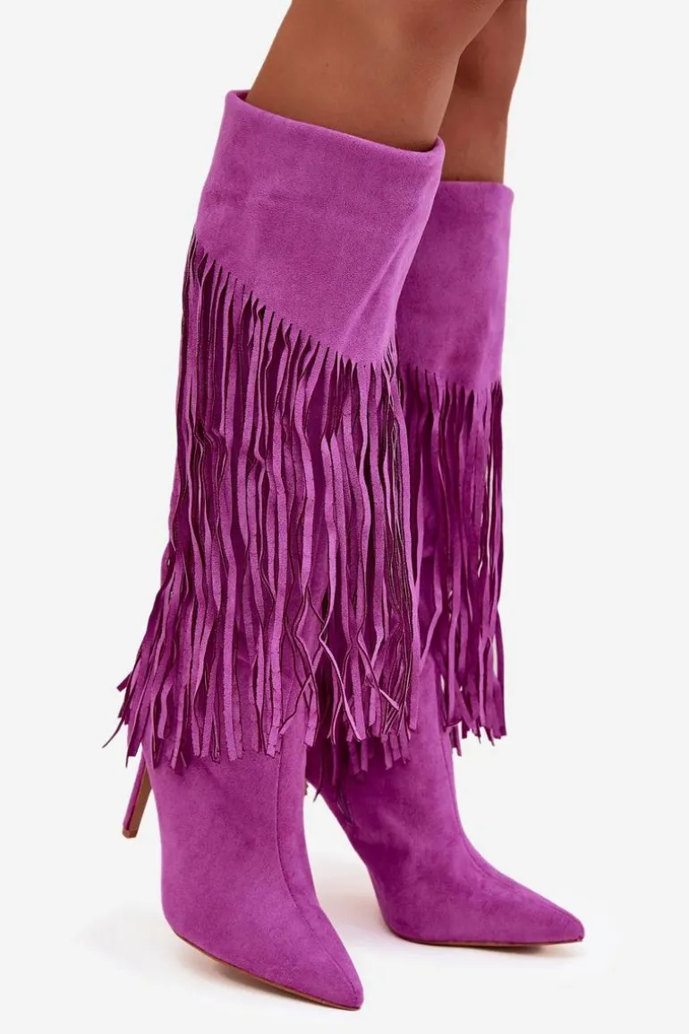 Kozaki Damskie Na Szpilce Z Frędzlami Fioletowe Isalune