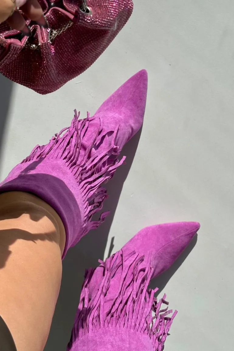 Kozaki Damskie Na Szpilce Z Frędzlami Fioletowe Isalune