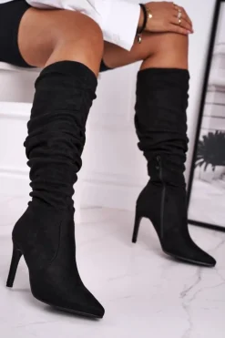 Kozaki Damskie Na Szpilce Zamszowe Czarne Dynamic