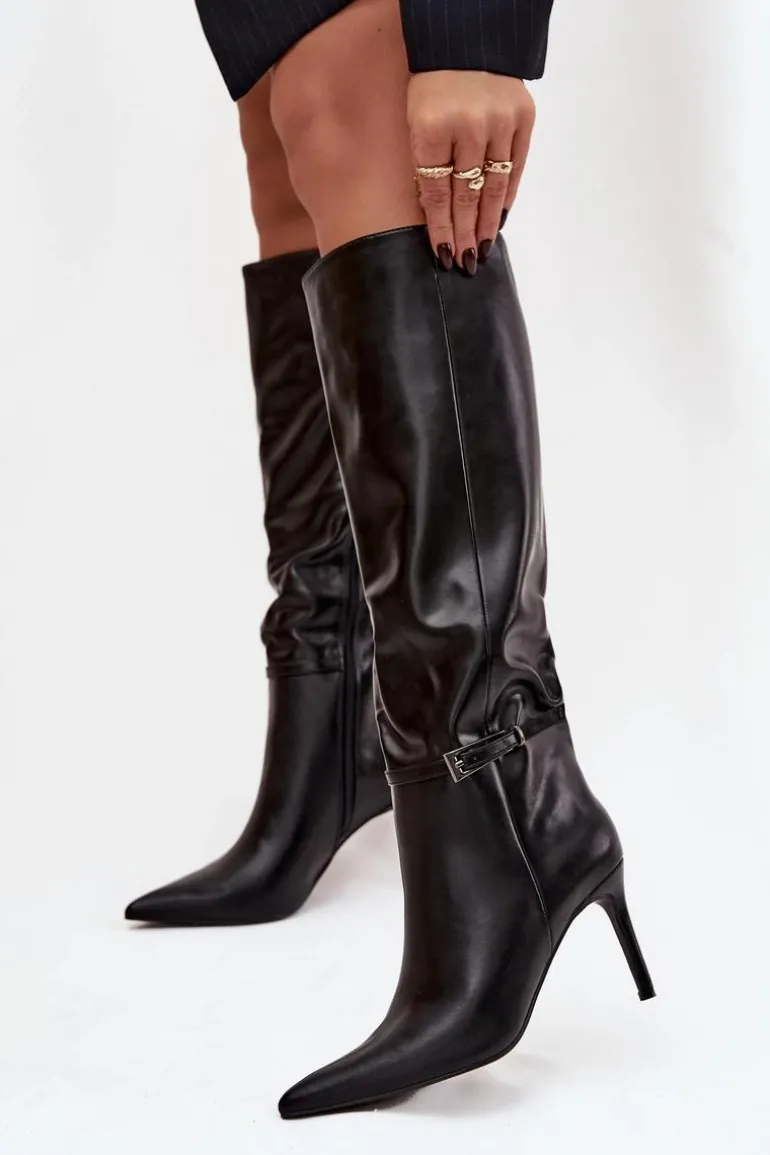 Kozaki Damskie Na Szpilce Z Paskiem Czarne Lisanne