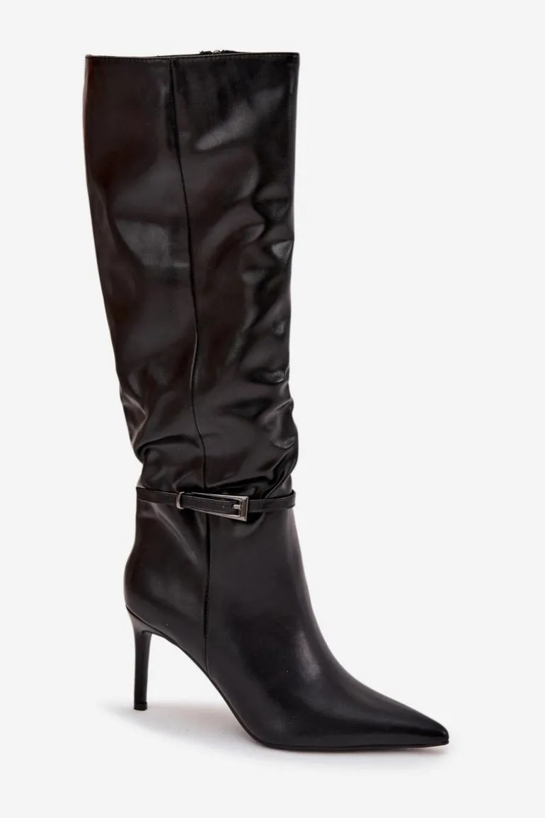 Kozaki Damskie Na Szpilce Z Paskiem Czarne Lisanne