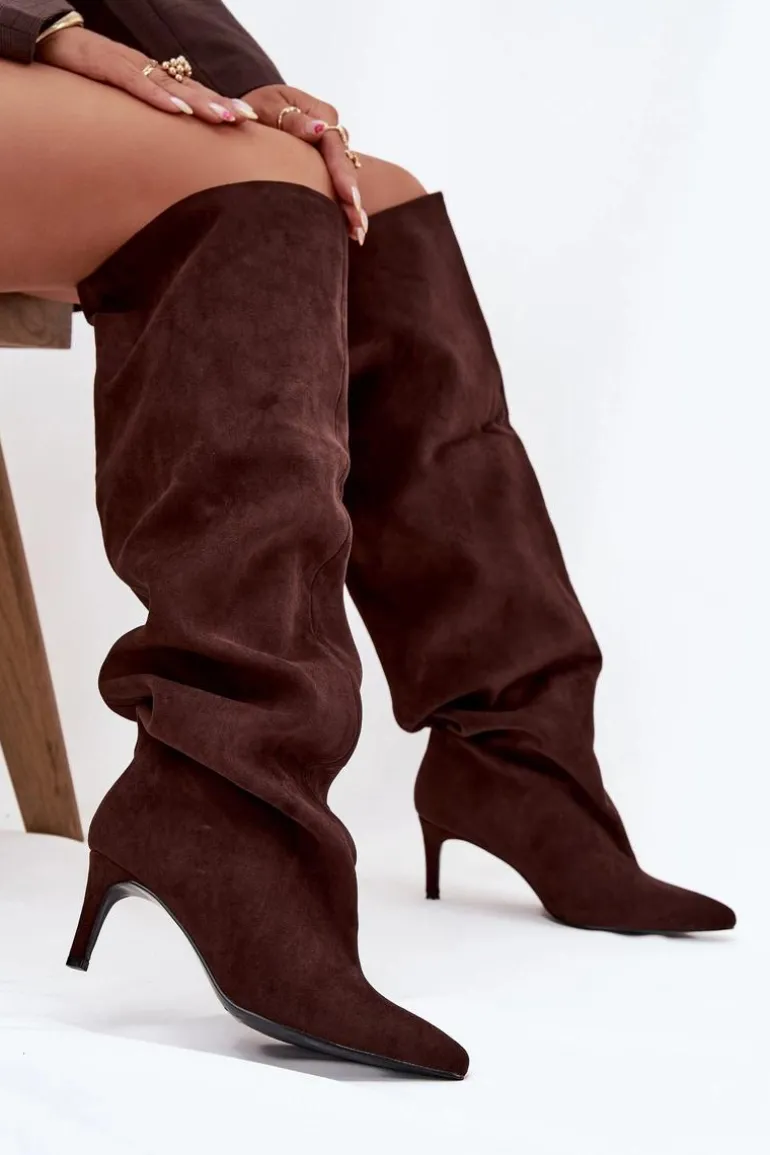 Kozaki Damskie Na Szpilce Wsuwane Czekoladowe Mavilla