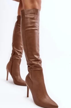 Kozaki Damskie Na Szpilce Ciemnobeżowe Sirenpha