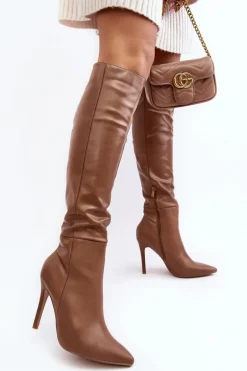 Kozaki Damskie Na Szpilce Ciemnobeżowe Sirenpha