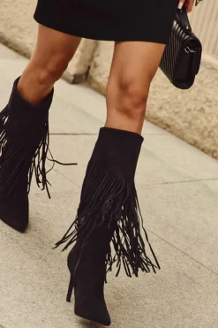 Kozaki Damskie Na Szpilce Z Frędzlami Czarne Isalune