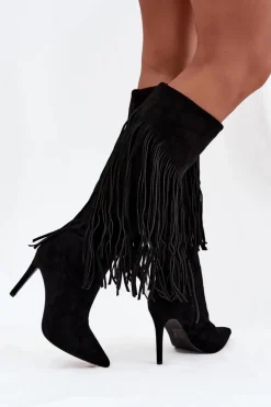 Kozaki Damskie Na Szpilce Z Frędzlami Czarne Isalune