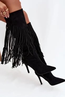 Kozaki Damskie Na Szpilce Z Frędzlami Czarne Isalune