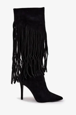 Kozaki Damskie Na Szpilce Z Frędzlami Czarne Isalune