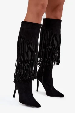 Kozaki Damskie Na Szpilce Z Frędzlami Czarne Isalune