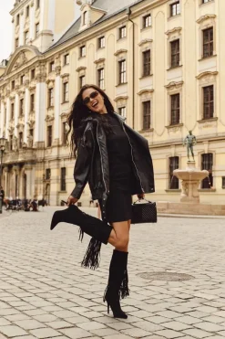 Kozaki Damskie Na Szpilce Z Frędzlami Czarne Isalune