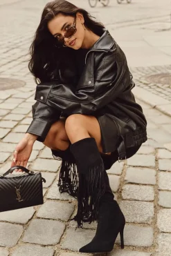 Kozaki Damskie Na Szpilce Z Frędzlami Czarne Isalune