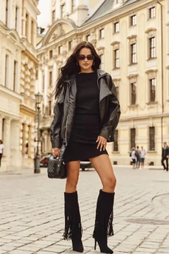 Kozaki Damskie Na Szpilce Z Frędzlami Czarne Isalune