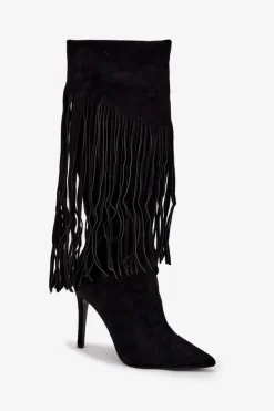 Kozaki Damskie Na Szpilce Z Frędzlami Czarne Isalune