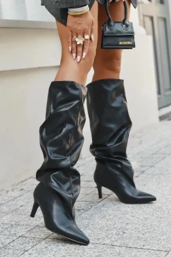 Kozaki Damskie Na Szpilce Wsuwane Z Marszczeniem Czarne Rosivine