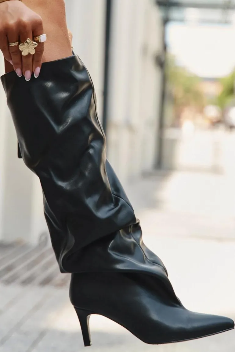 Kozaki Damskie Na Szpilce Wsuwane Z Marszczeniem Czarne Rosivine