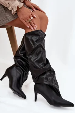 Kozaki Damskie Na Szpilce Wsuwane Z Marszczeniem Czarne Rosivine