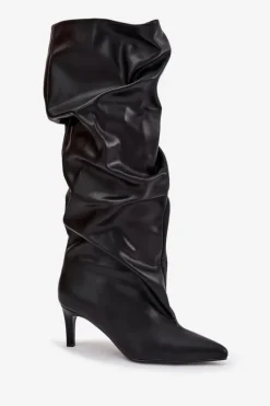 Kozaki Damskie Na Szpilce Wsuwane Z Marszczeniem Czarne Rosivine