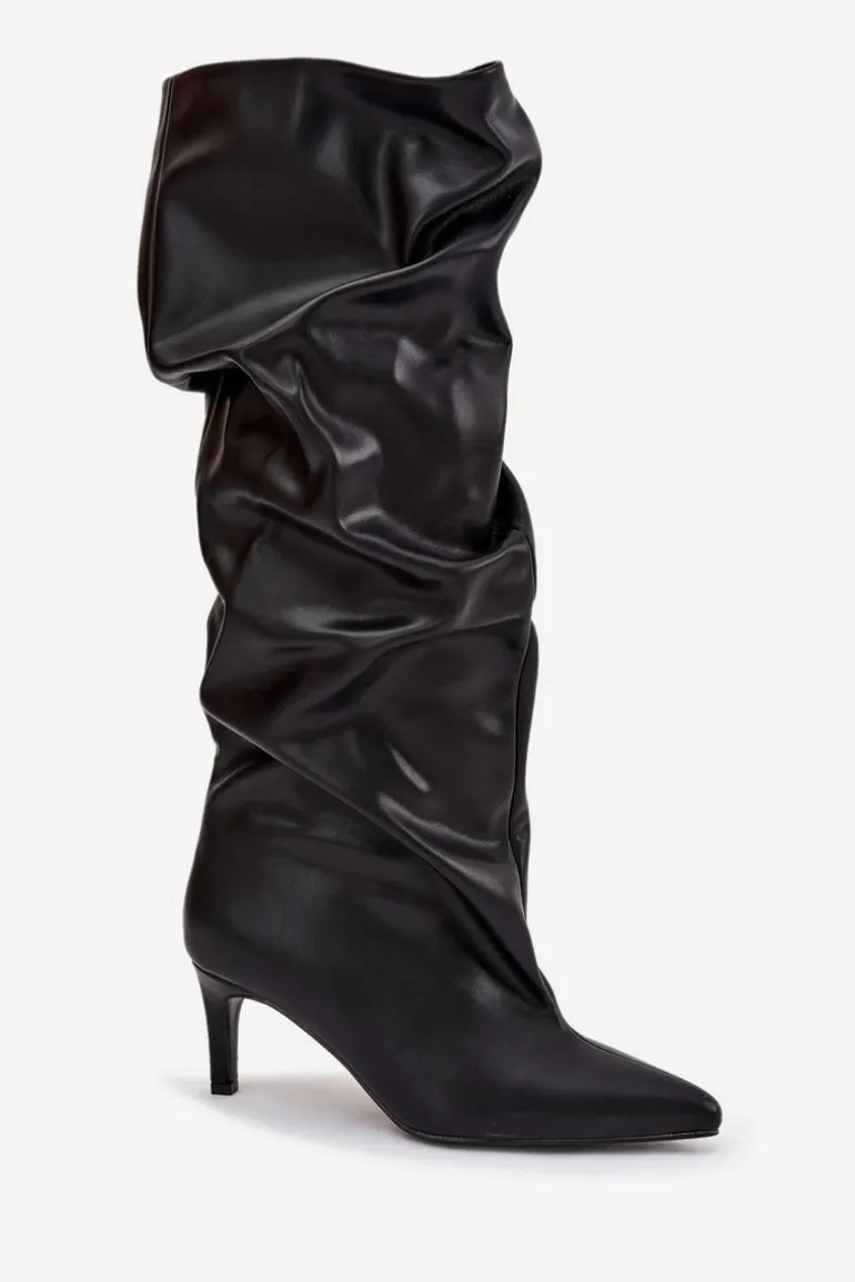 Kozaki Damskie Na Szpilce Wsuwane Z Marszczeniem Czarne Rosivine