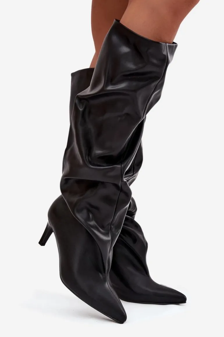 Kozaki Damskie Na Szpilce Wsuwane Z Marszczeniem Czarne Rosivine