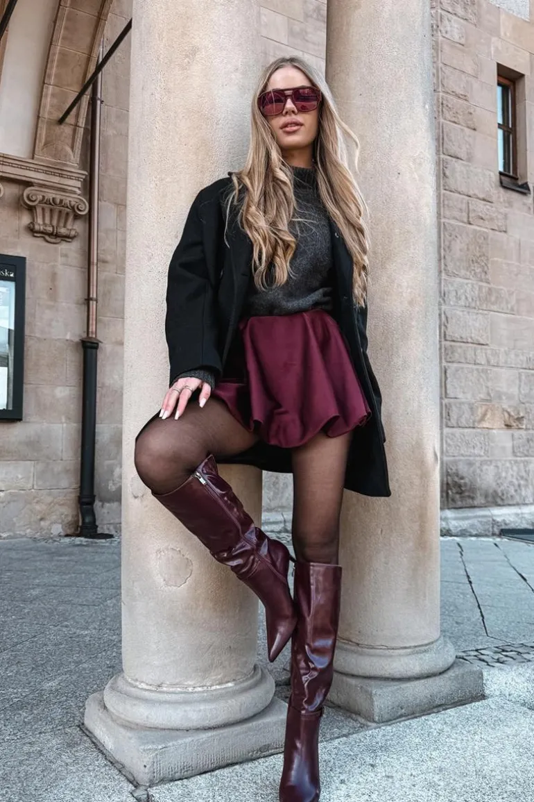 Kozaki Damskie Na Szpilce Z Paskiem Bordowe Lisanne