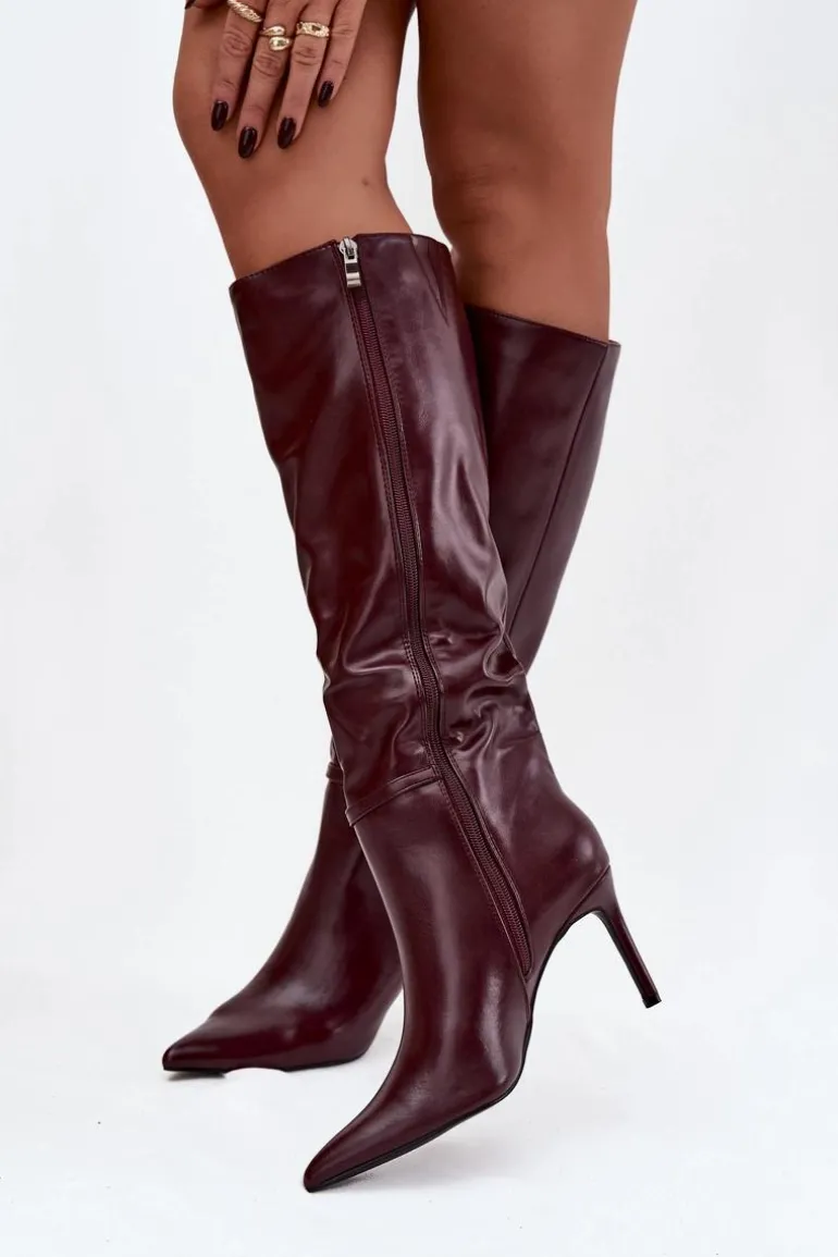 Kozaki Damskie Na Szpilce Z Paskiem Bordowe Lisanne