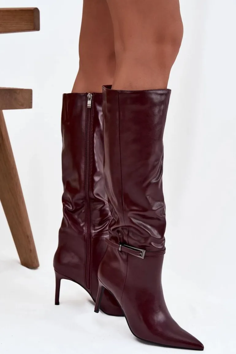 Kozaki Damskie Na Szpilce Z Paskiem Bordowe Lisanne