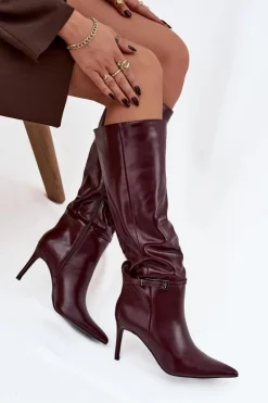 Kozaki Damskie Na Szpilce Z Paskiem Bordowe Lisanne