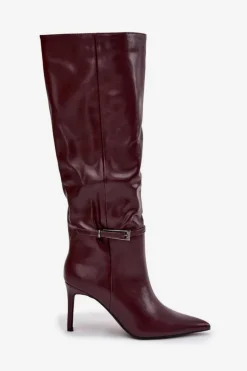 Kozaki Damskie Na Szpilce Z Paskiem Bordowe Lisanne