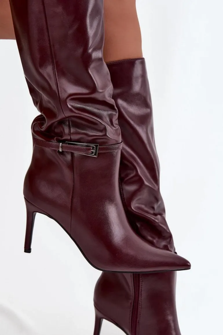 Kozaki Damskie Na Szpilce Z Paskiem Bordowe Lisanne