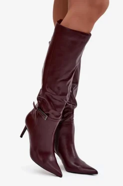Kozaki Damskie Na Szpilce Z Paskiem Bordowe Lisanne