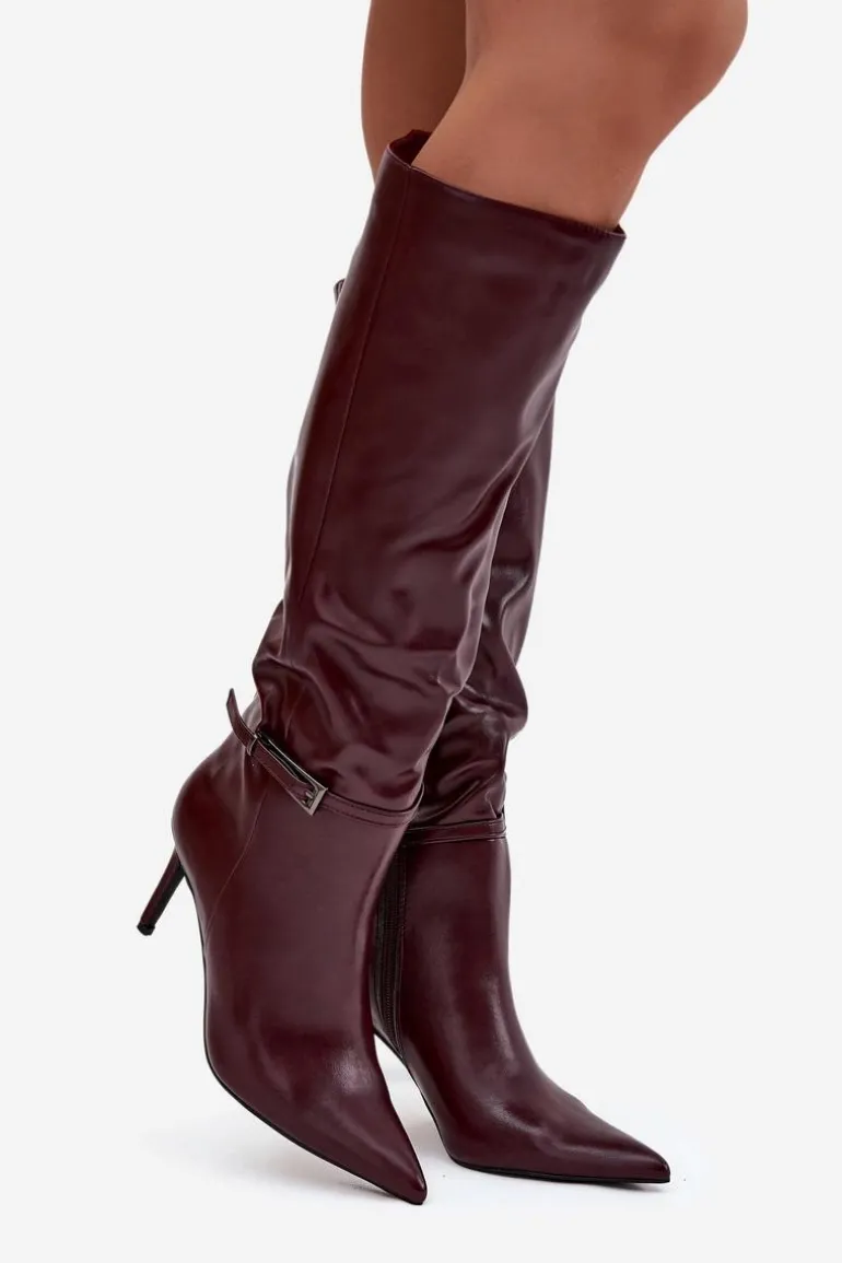 Kozaki Damskie Na Szpilce Z Paskiem Bordowe Lisanne