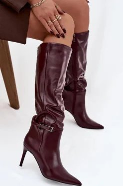 Kozaki Damskie Na Szpilce Z Paskiem Bordowe Lisanne