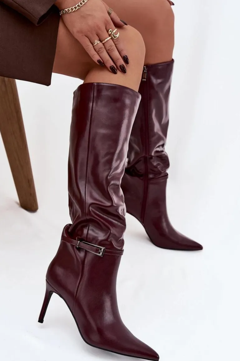 Kozaki Damskie Na Szpilce Z Paskiem Bordowe Lisanne