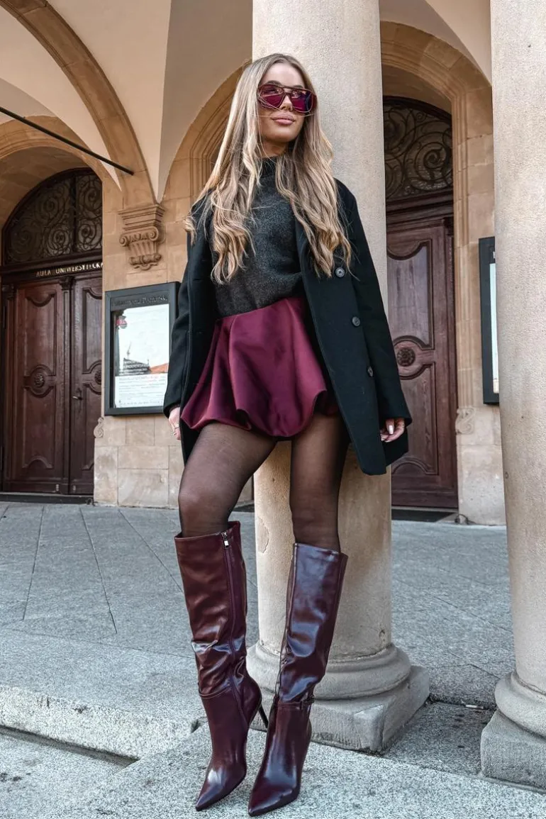 Kozaki Damskie Na Szpilce Z Paskiem Bordowe Lisanne