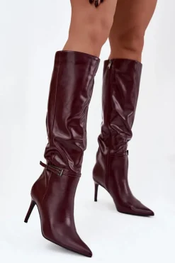 Kozaki Damskie Na Szpilce Z Paskiem Bordowe Lisanne