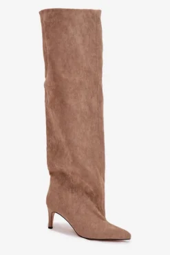 Kozaki Damskie Na Szpilce Wsuwane Beżowe Mavilla