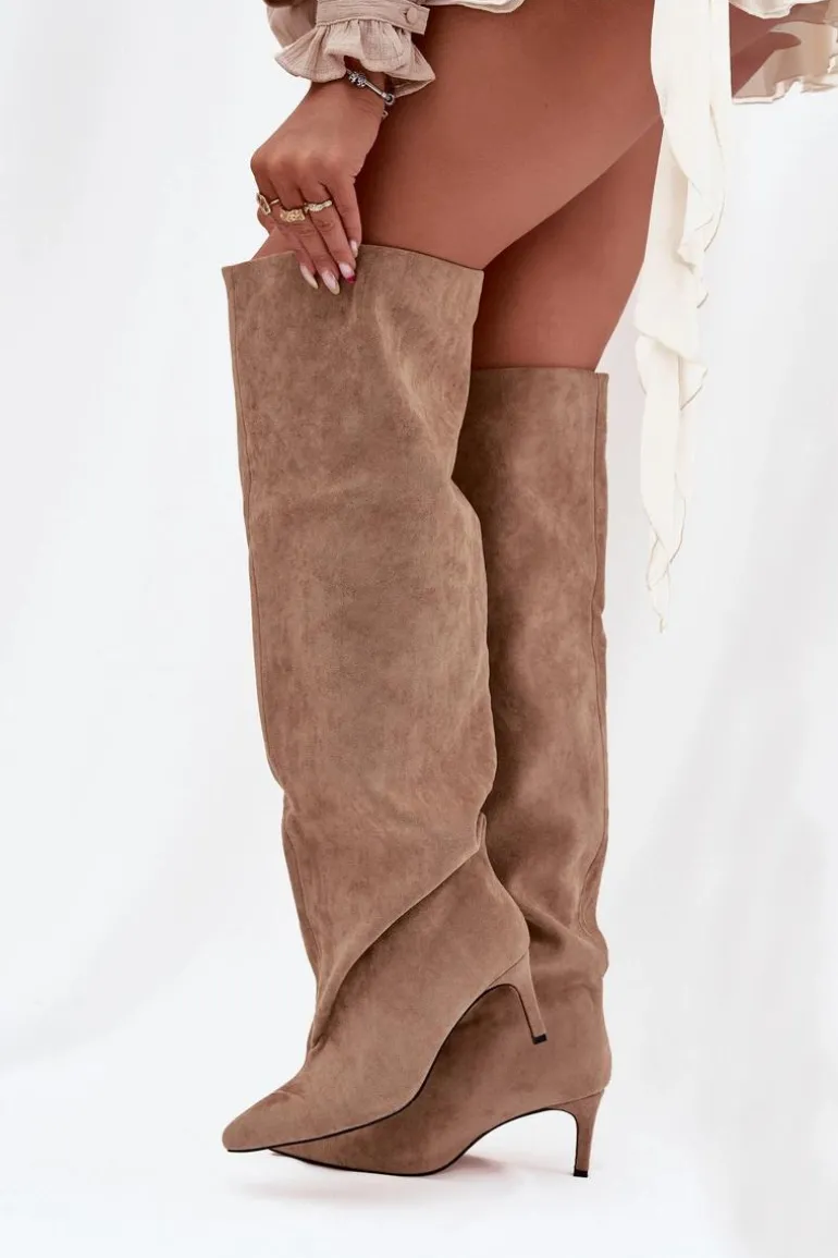 Kozaki Damskie Na Szpilce Wsuwane Beżowe Mavilla