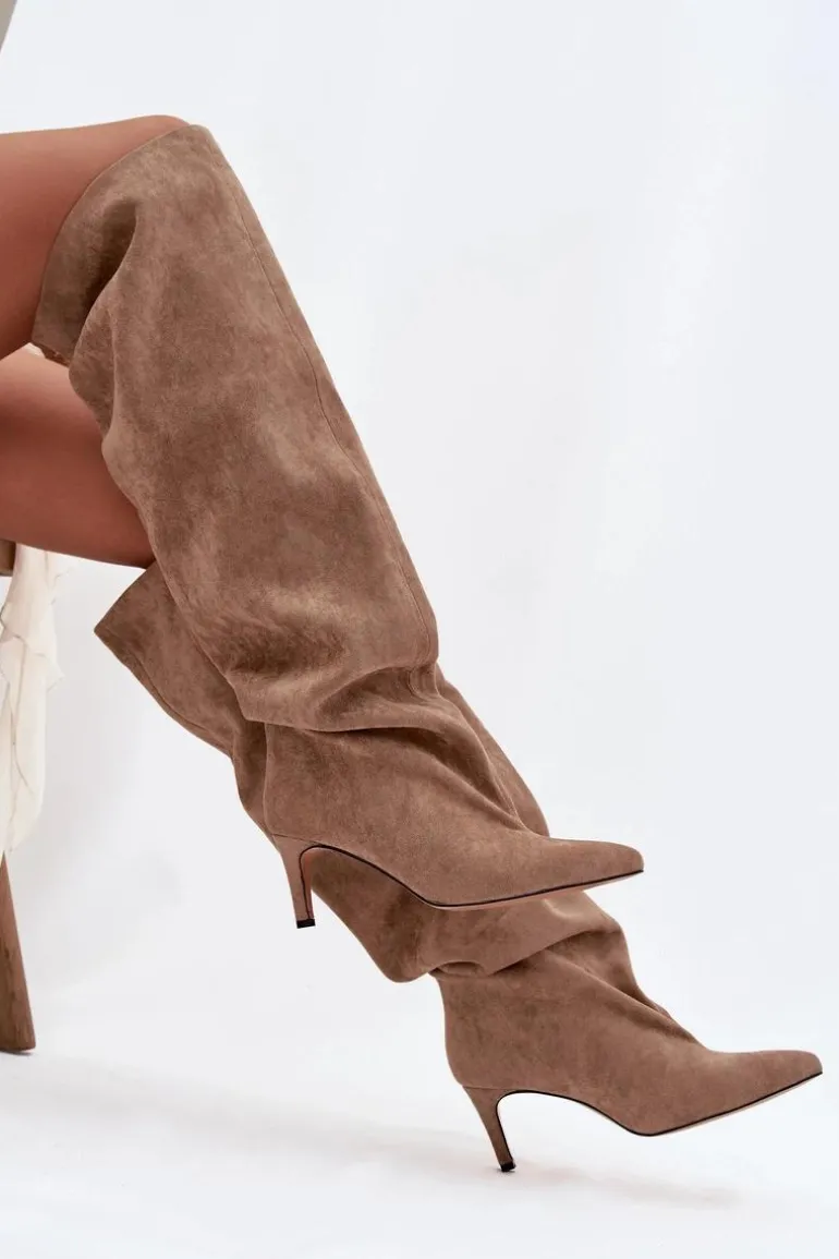 Kozaki Damskie Na Szpilce Wsuwane Beżowe Mavilla