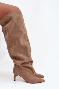 Kozaki Damskie Na Szpilce Wsuwane Beżowe Mavilla