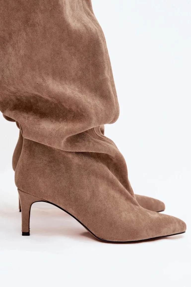 Kozaki Damskie Na Szpilce Wsuwane Beżowe Mavilla